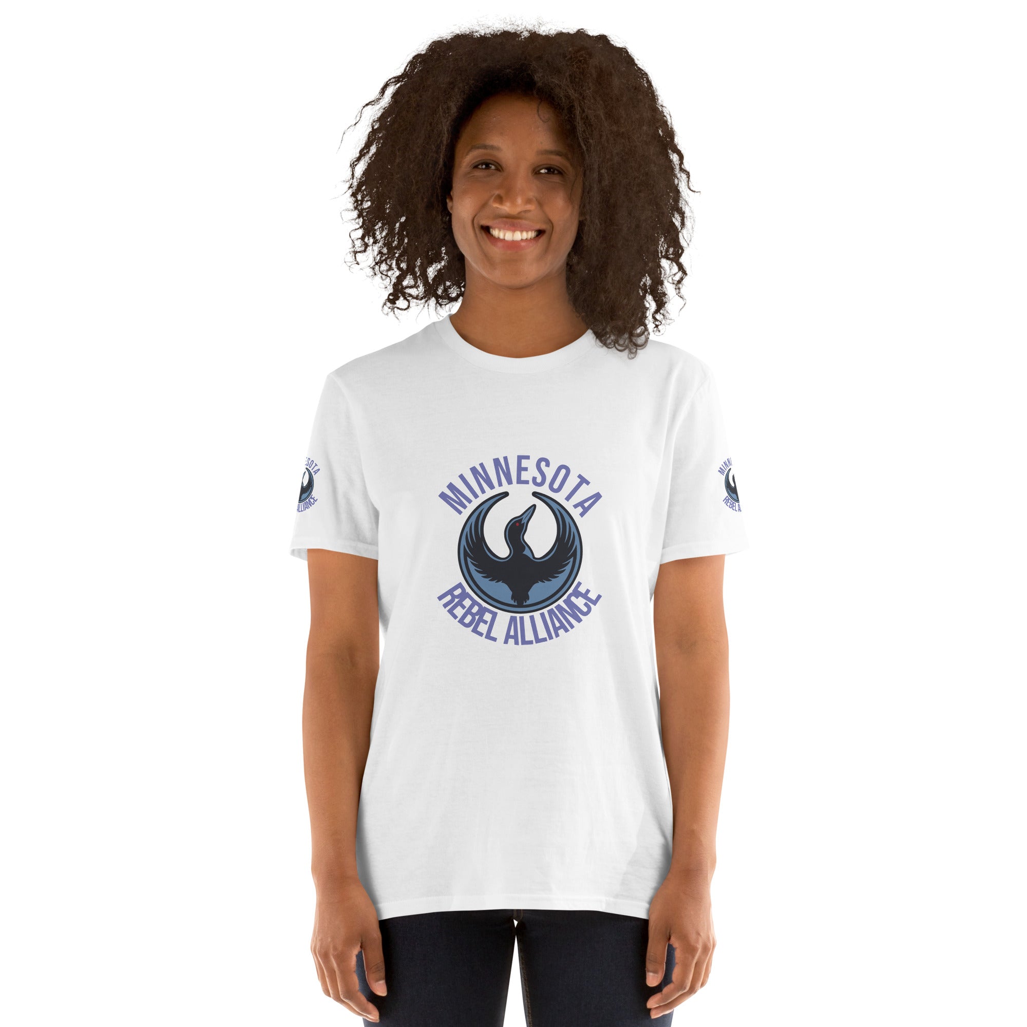 Woman wearing white short-sleeve shirt with the Minnesota Rebel Alliance Loon design